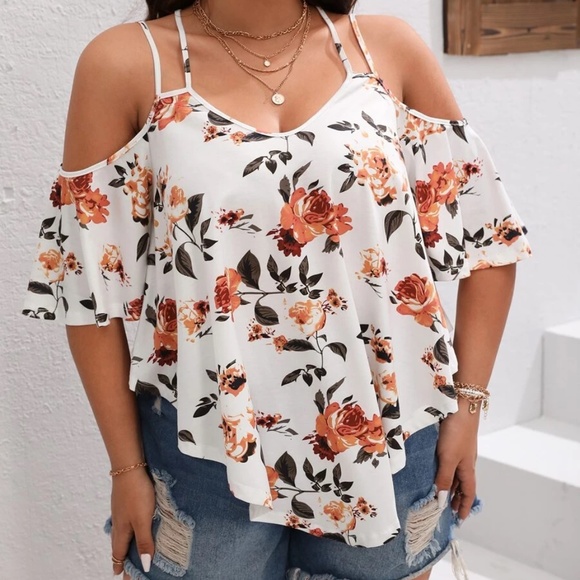Plus Floral Print Cold Shoulder Blouse - Picture 3 of 5